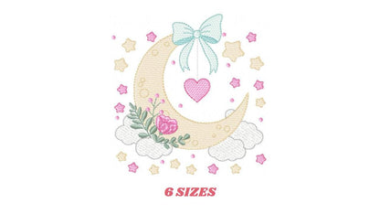 Moon with stars hearts and flowers embroidery design - Baby Girl Half moon machine embroidery pattern - Instant digital download pes jef dst