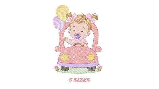 Baby girl embroidery designs - Child playing with toy car machine embroidery pattern - Princess with pacifier and balloon - Instant download