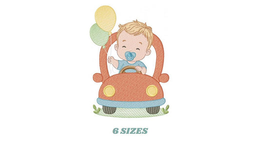 Baby Boy with toy car embroidery designs - Toddler playing with balloons machine embroidery pattern - Boy with pacifier - Instant download