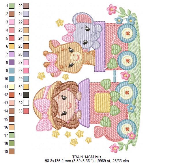 Safari Wild Animals in a train embroidery designs - Elephant and Giraffe machine embroidery pattern - Baby Girl file - Instant download pes