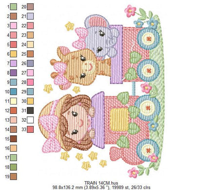 Safari Wild Animals in a train embroidery designs - Elephant and Giraffe machine embroidery pattern - Baby Girl file - Instant download pes