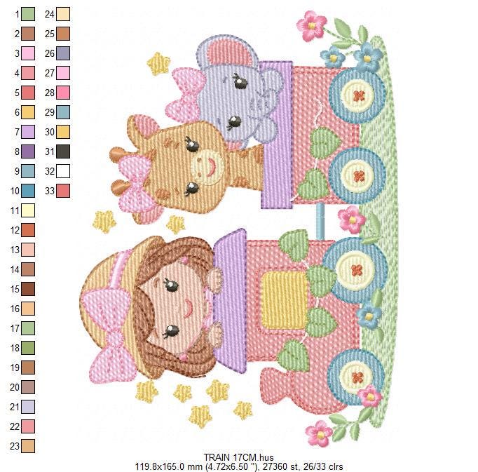 Safari Wild Animals in a train embroidery designs - Elephant and Giraffe machine embroidery pattern - Baby Girl file - Instant download pes