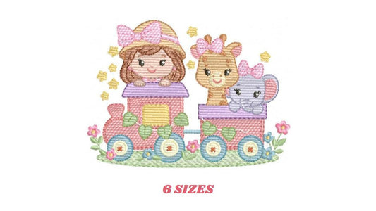 Safari Wild Animals in a train embroidery designs - Elephant and Giraffe machine embroidery pattern - Baby Girl file - Instant download pes