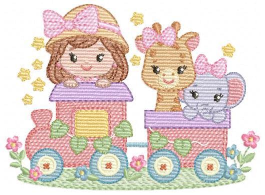 Safari Wild Animals in a train embroidery designs - Elephant and Giraffe machine embroidery pattern - Baby Girl file - Instant download pes