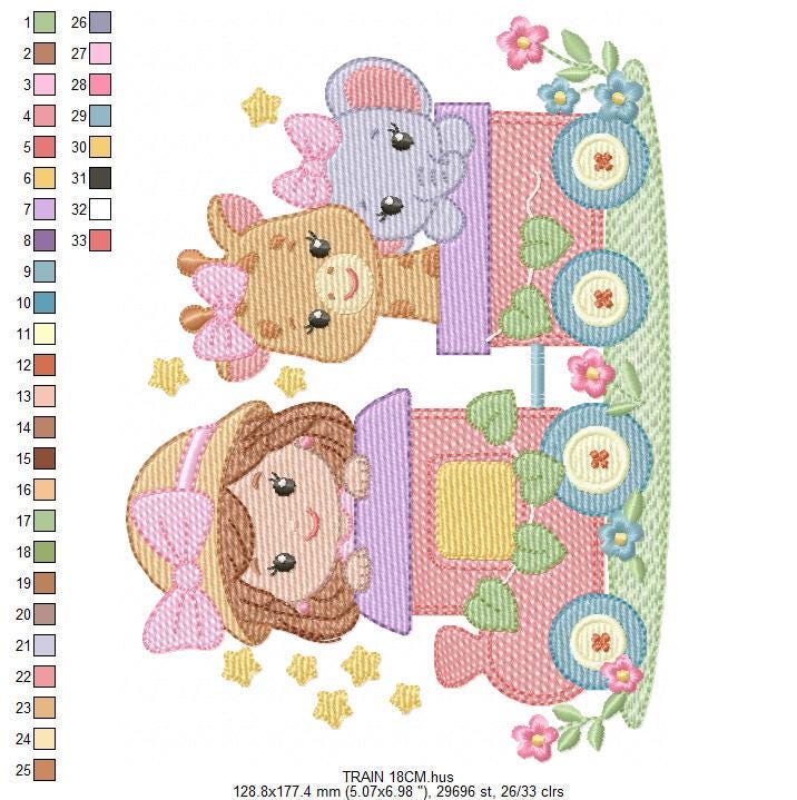 Safari Wild Animals in a train embroidery designs - Elephant and Giraffe machine embroidery pattern - Baby Girl file - Instant download pes
