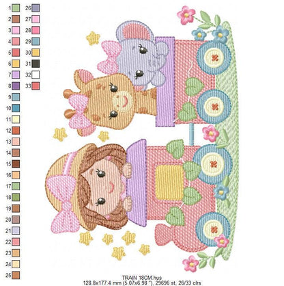 Safari Wild Animals in a train embroidery designs - Elephant and Giraffe machine embroidery pattern - Baby Girl file - Instant download pes