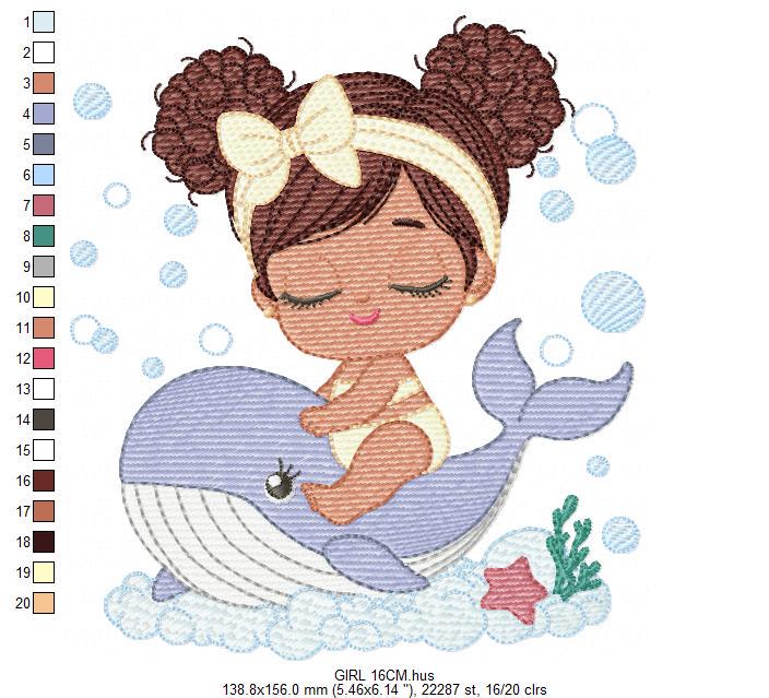 Whale embroidery designs - Diver Swiming Girl with black curly hair machine embroidery pattern - Ocean animal file - Instant download pes