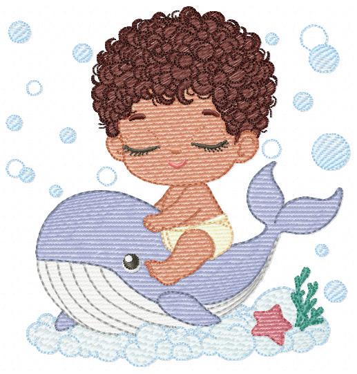 Whale embroidery designs - Diver Swiming Boy with black curly hair machine embroidery pattern - Ocean animal file - Instant download pes jef