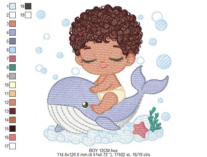 Whale embroidery designs - Diver Swiming Boy with black curly hair machine embroidery pattern - Ocean animal file - Instant download pes jef