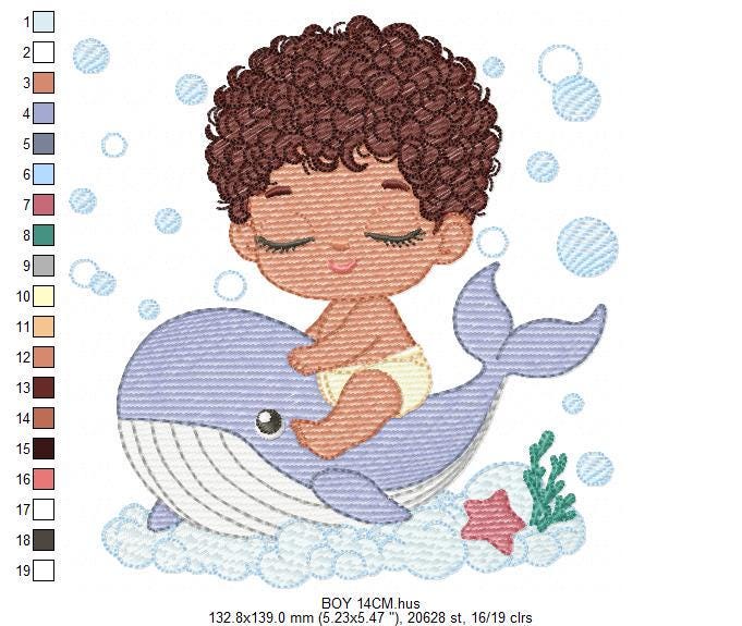 Whale embroidery designs - Diver Swiming Boy with black curly hair machine embroidery pattern - Ocean animal file - Instant download pes jef