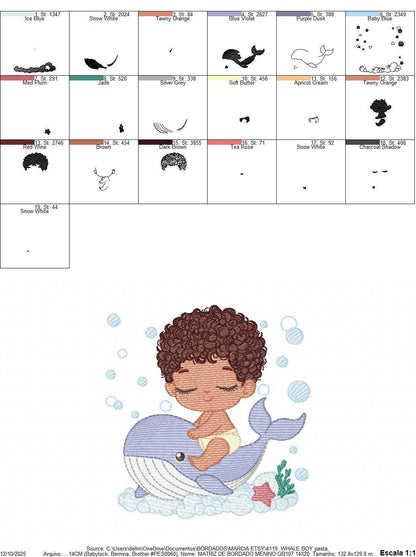 Whale embroidery designs - Diver Swiming Boy with black curly hair machine embroidery pattern - Ocean animal file - Instant download pes jef