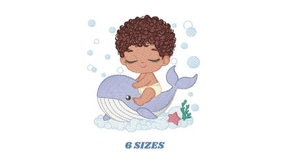 Whale embroidery designs - Diver Swiming Boy with black curly hair machine embroidery pattern - Ocean animal file - Instant download pes jef
