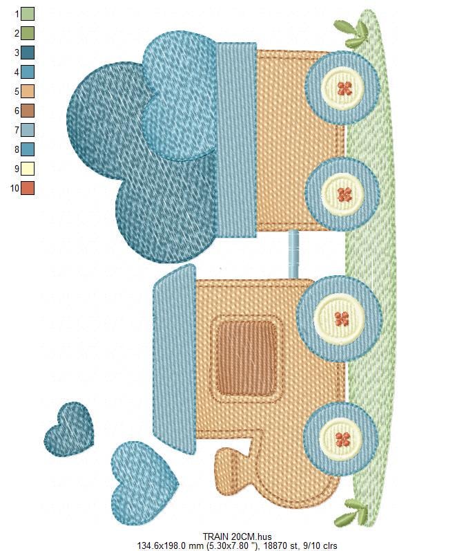 Train with wagon embroidery designs - Train with hearts machine embroidery pattern - Baby boy file - Instant digital download pes jef dst