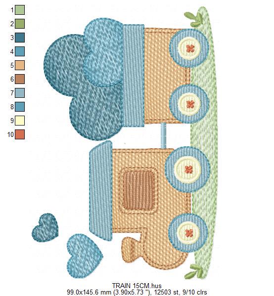 Train with wagon embroidery designs - Train with hearts machine embroidery pattern - Baby boy file - Instant digital download pes jef dst