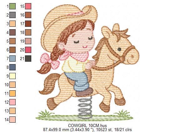 Cowgirl embroidery design - Baby girl with toy horse machine embroidery pattern - Girl with cowboy hat and horse file - Instant download pes
