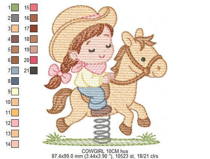 Cowgirl embroidery design - Baby girl with toy horse machine embroidery pattern - Girl with cowboy hat and horse file - Instant download pes