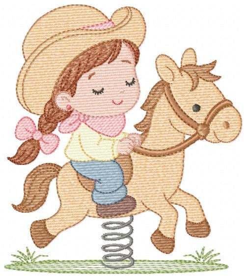 Cowgirl embroidery design - Baby girl with toy horse machine embroidery pattern - Girl with cowboy hat and horse file - Instant download pes