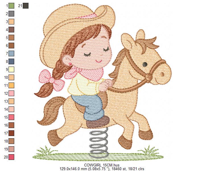 Cowgirl embroidery design - Baby girl with toy horse machine embroidery pattern - Girl with cowboy hat and horse file - Instant download pes