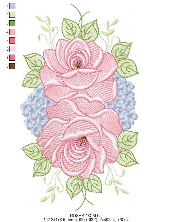 Roses embroidery designs - Red roses with flowers machine embroidery pattern - Floral Divider Kitchen towel - Instant digital download pes