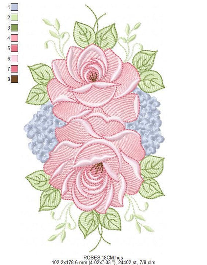 Roses embroidery designs - Red roses with flowers machine embroidery pattern - Floral Divider Kitchen towel - Instant digital download pes