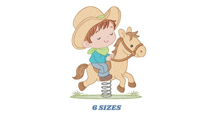 Cowboy embroidery design - Baby boy with toy horse machine embroidery pattern - Farm ranch Boy with cowboy hat file - Instant download pes