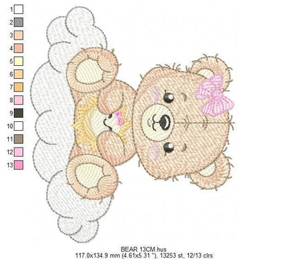 Female Bear embroidery designs - Baby girl Teddy with sun and cloud machine embroidery pattern - Instant digital download pes jef dst hus