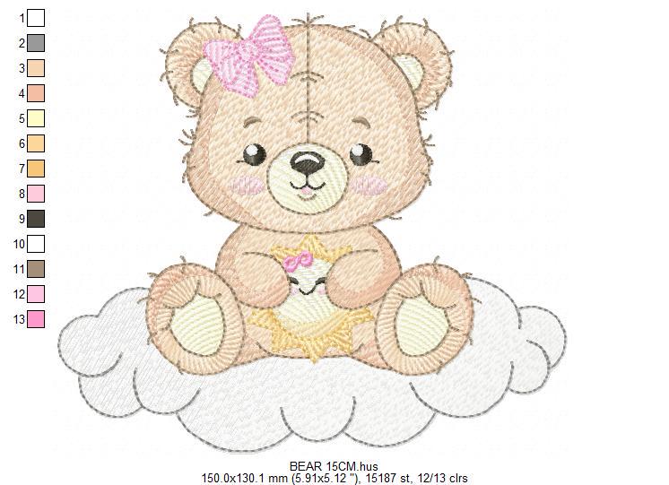 Female Bear embroidery designs - Baby girl Teddy with sun and cloud machine embroidery pattern - Instant digital download pes jef dst hus