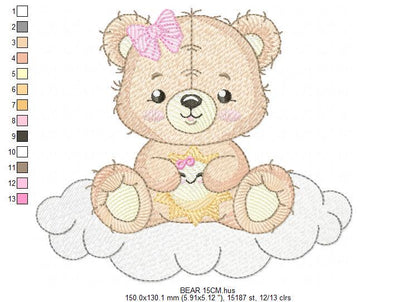 Female Bear embroidery designs - Baby girl Teddy with sun and cloud machine embroidery pattern - Instant digital download pes jef dst hus