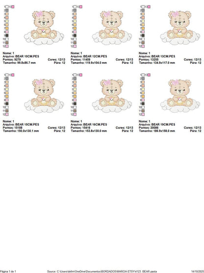 Female Bear embroidery designs - Baby girl Teddy with sun and cloud machine embroidery pattern - Instant digital download pes jef dst hus