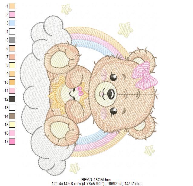 Baby Girl Bear embroidery designs - Bear with rainbow clouds and sun machine embroidery pattern - Instant digital download pes jef dst hus
