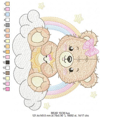 Baby Girl Bear embroidery designs - Bear with rainbow clouds and sun machine embroidery pattern - Instant digital download pes jef dst hus