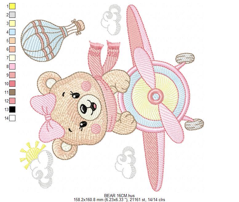 Bear with plane embroidery designs - Baby girl Bear Pilot machine embroidery pattern - Aviator Teddy Bear file - Instant digital download