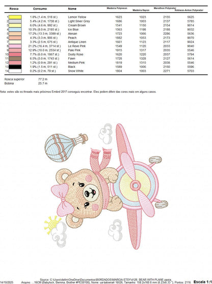 Bear with plane embroidery designs - Baby girl Bear Pilot machine embroidery pattern - Aviator Teddy Bear file - Instant digital download