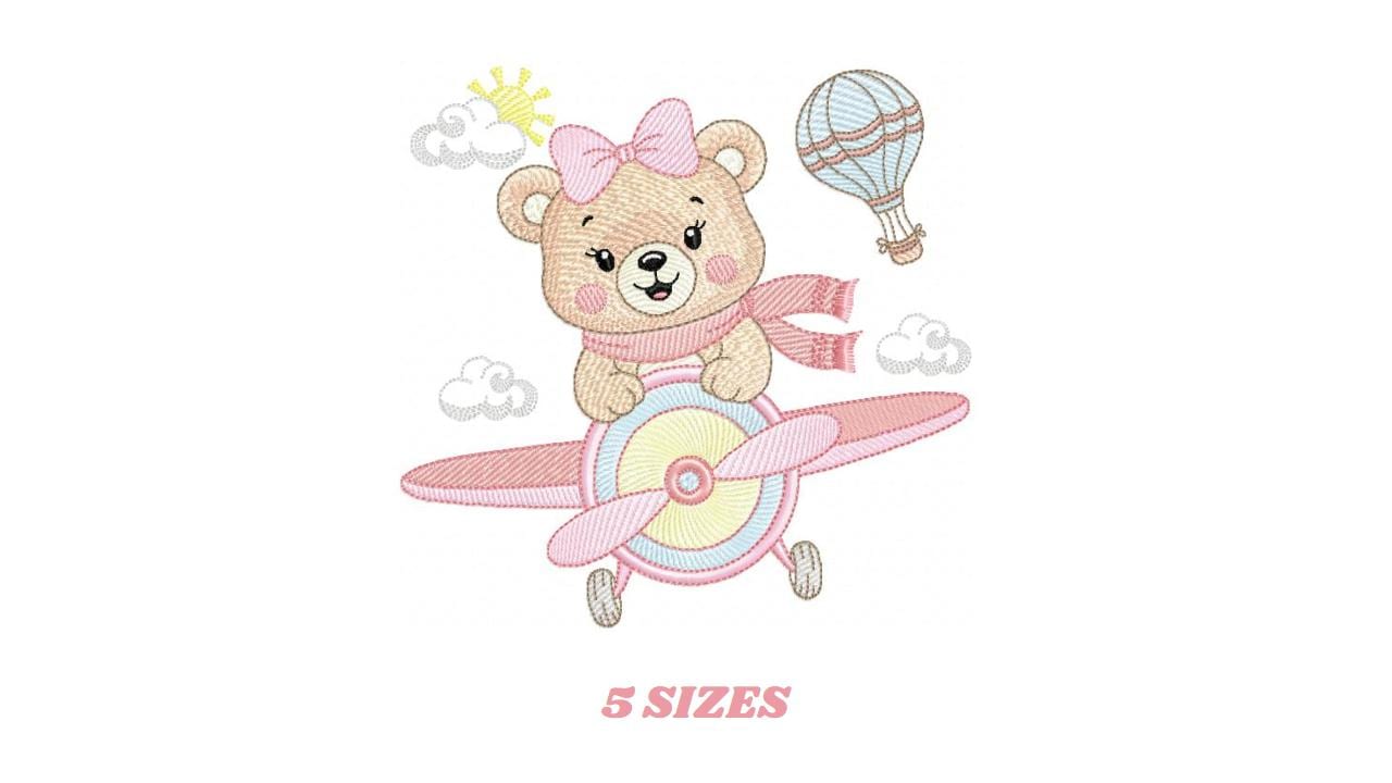 Bear with plane embroidery designs - Baby girl Bear Pilot machine embroidery pattern - Aviator Teddy Bear file - Instant digital download