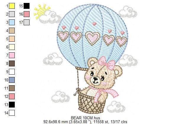 Bear with hot air balloon embroidery designs - Balloon with hearts and clouds machine embroidery pattern Baby girl file - Instant download