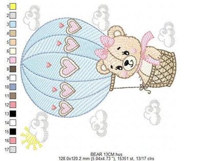 Bear with hot air balloon embroidery designs - Balloon with hearts and clouds machine embroidery pattern Baby girl file - Instant download