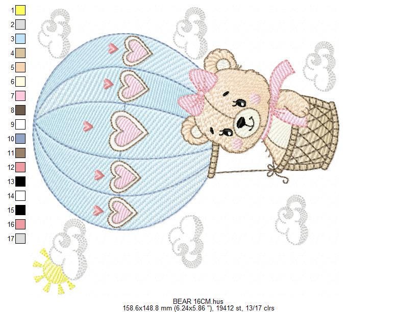 Bear with hot air balloon embroidery designs - Balloon with hearts and clouds machine embroidery pattern Baby girl file - Instant download