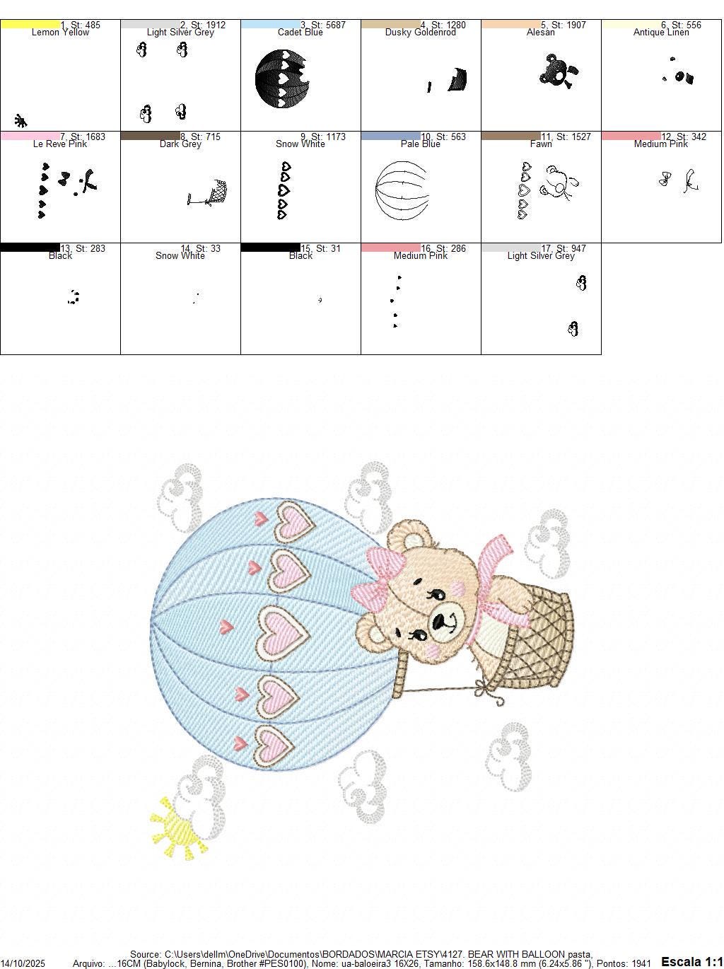Bear with hot air balloon embroidery designs - Balloon with hearts and clouds machine embroidery pattern Baby girl file - Instant download