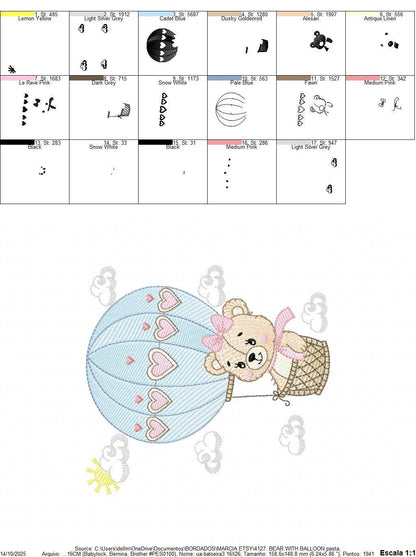 Bear with hot air balloon embroidery designs - Balloon with hearts and clouds machine embroidery pattern Baby girl file - Instant download