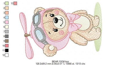 Pilot Bear embroidery designs - Baby Girl machine embroidery pattern - Aviator Teddy bear embroidery file - instant digital download pes jef