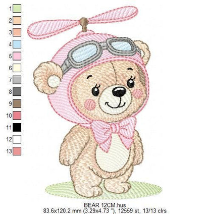 Pilot Bear embroidery designs - Baby Girl machine embroidery pattern - Aviator Teddy bear embroidery file - instant digital download pes jef