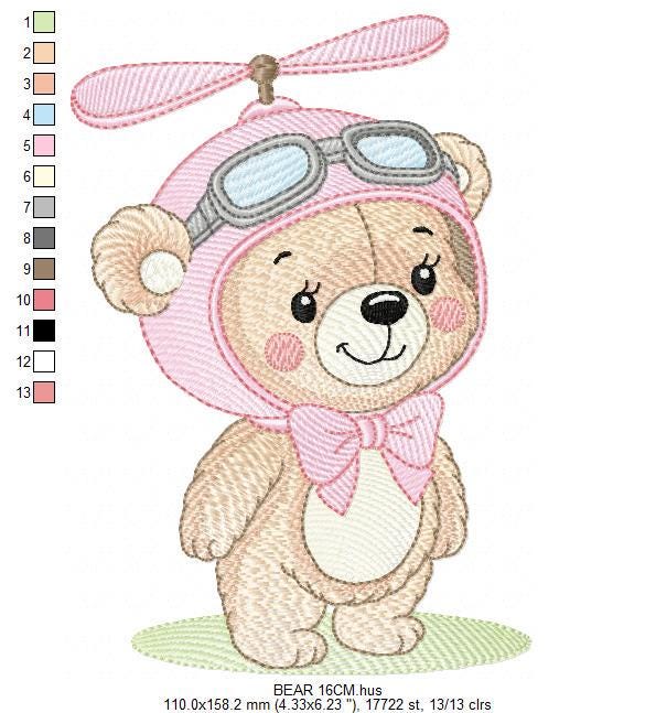 Pilot Bear embroidery designs - Baby Girl machine embroidery pattern - Aviator Teddy bear embroidery file - instant digital download pes jef