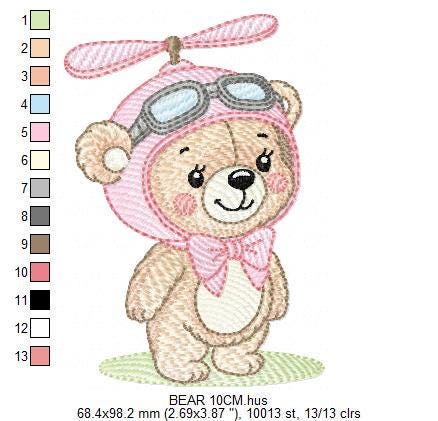 Pilot Bear embroidery designs - Baby Girl machine embroidery pattern - Aviator Teddy bear embroidery file - instant digital download pes jef