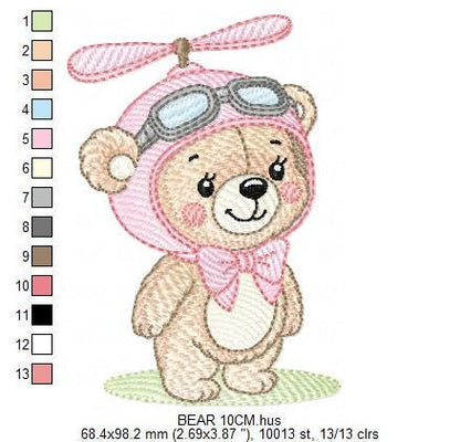 Pilot Bear embroidery designs - Baby Girl machine embroidery pattern - Aviator Teddy bear embroidery file - instant digital download pes jef