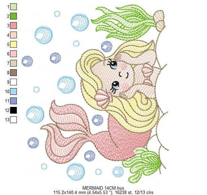 Mermaid embroidery designs - Ocean Sea Princess machine pattern - Mermaid rippled design - Baby Girl file - Instant download pes jef dst hus