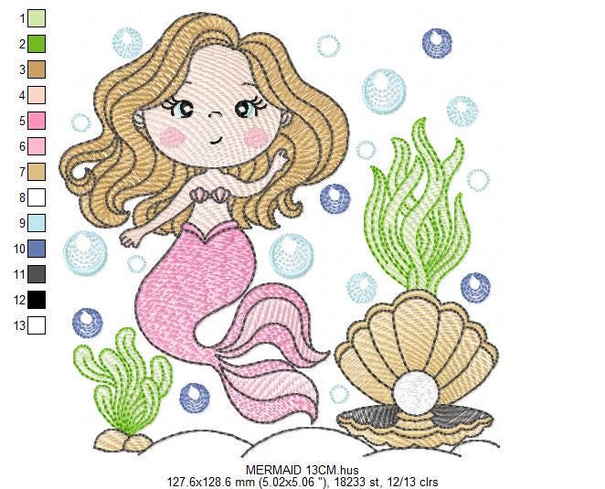Mermaid embroidery designs - Ocean Sea Princess machine pattern - Mermaid rippled design - Baby Girl file - Instant download pes jef dst hus