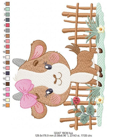 Goat embroidery design - Farm animal with wood fence machine embroidery pattern - Baby Girl file - Instant digital download pes jef dst hus