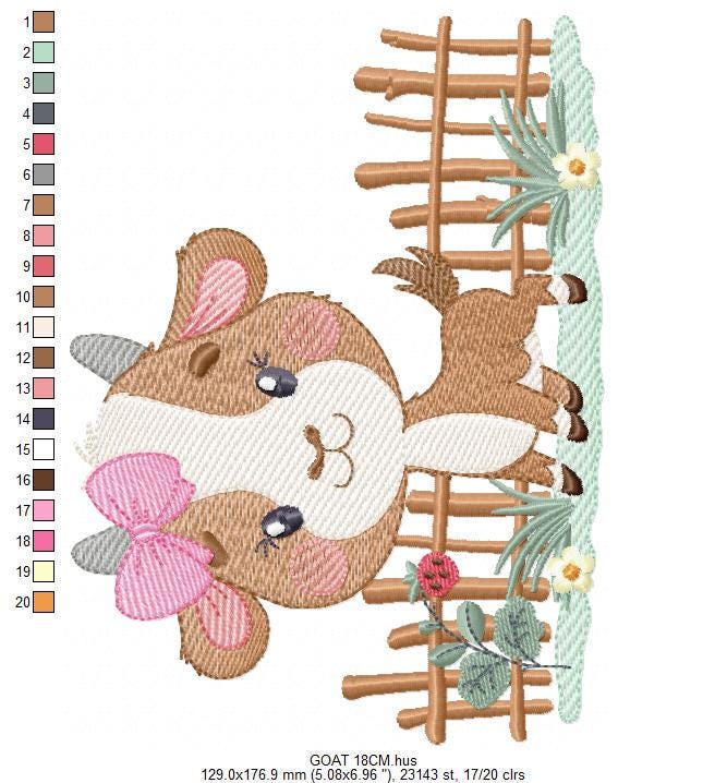 Goat embroidery design - Farm animal with wood fence machine embroidery pattern - Baby Girl file - Instant digital download pes jef dst hus