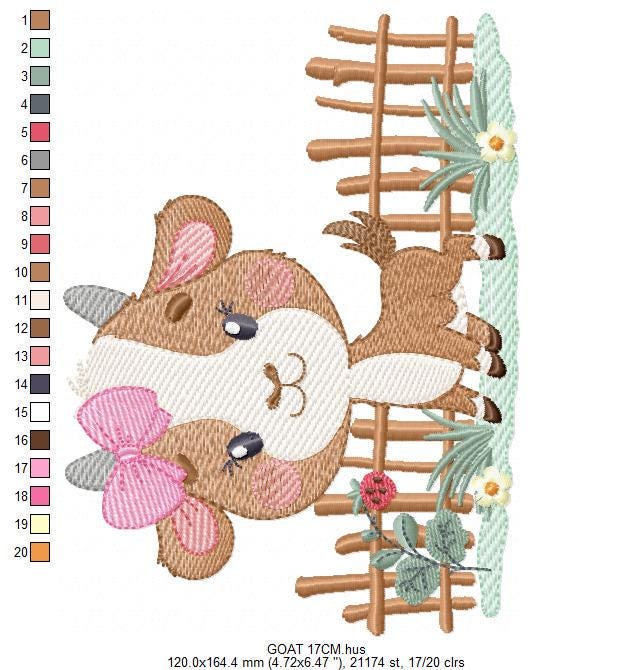 Goat embroidery design - Farm animal with wood fence machine embroidery pattern - Baby Girl file - Instant digital download pes jef dst hus