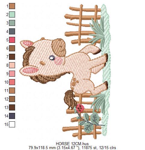 Horse embroidery design - Farm Animal Pony with wood fence machine embroidery pattern - Stallion mustang baby boy file - Instant download